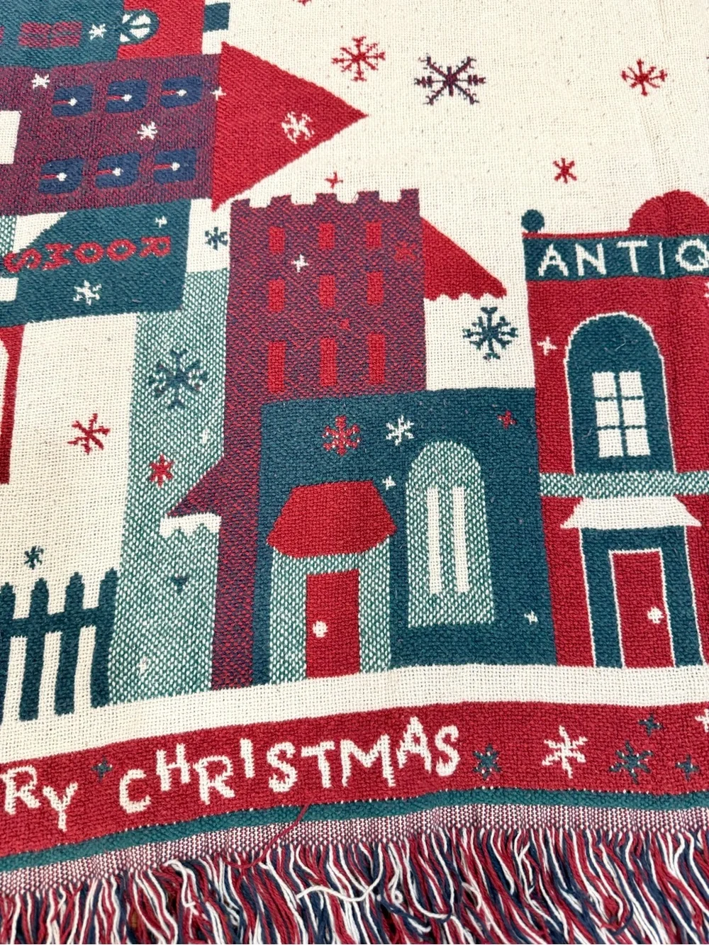 Holiday Village Fringe Throw Blanket - Red, Green & Cream 66x46